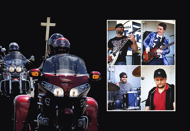 Moottoripyöriä joissa ensimmäisen kyydissä risti sekä Pelastustie-yhtyeen laulajien kuvat.