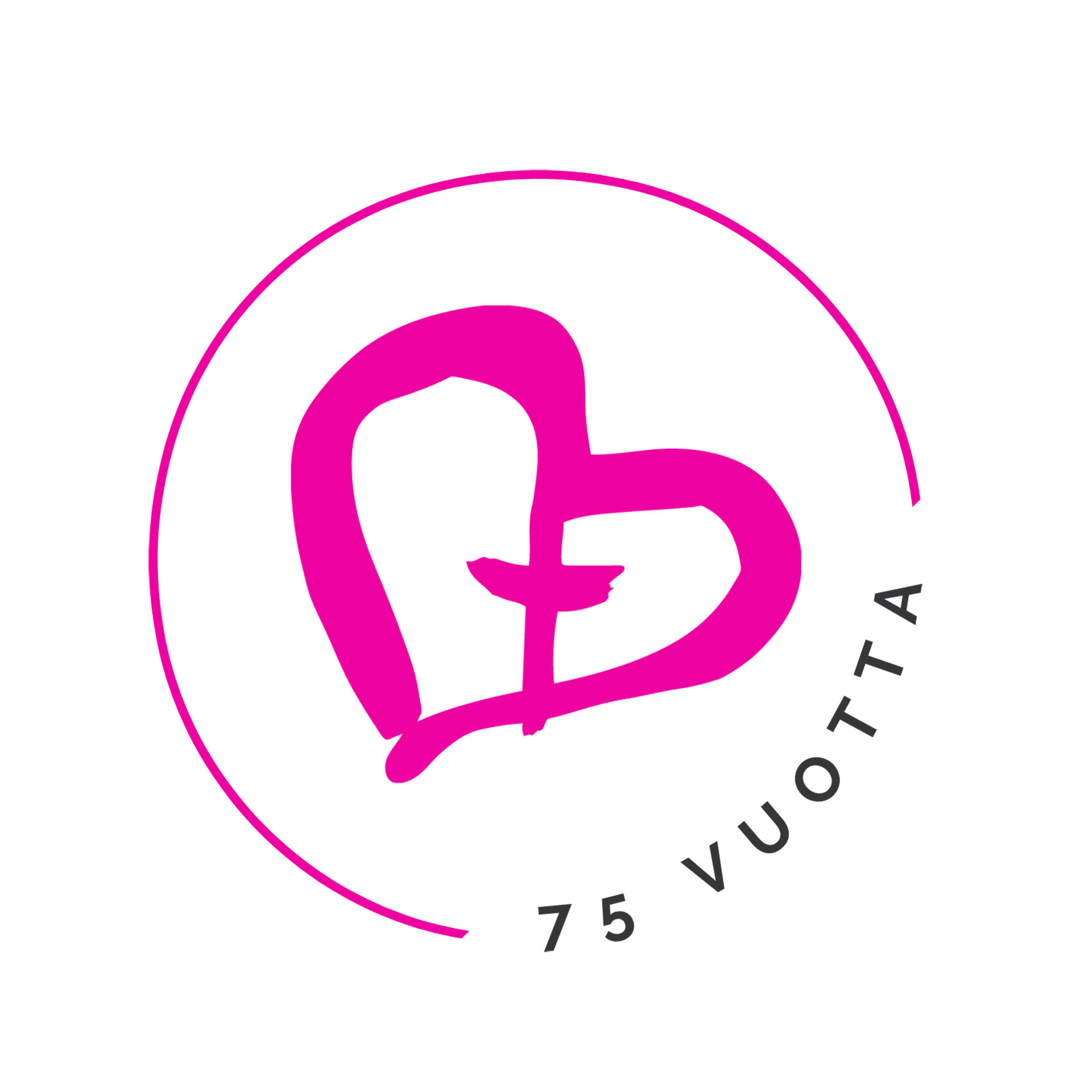 Yhteisvastuun juhlavuoden ympyrälogo, jonka keskellä pinkki Yhteisvastuusydän.