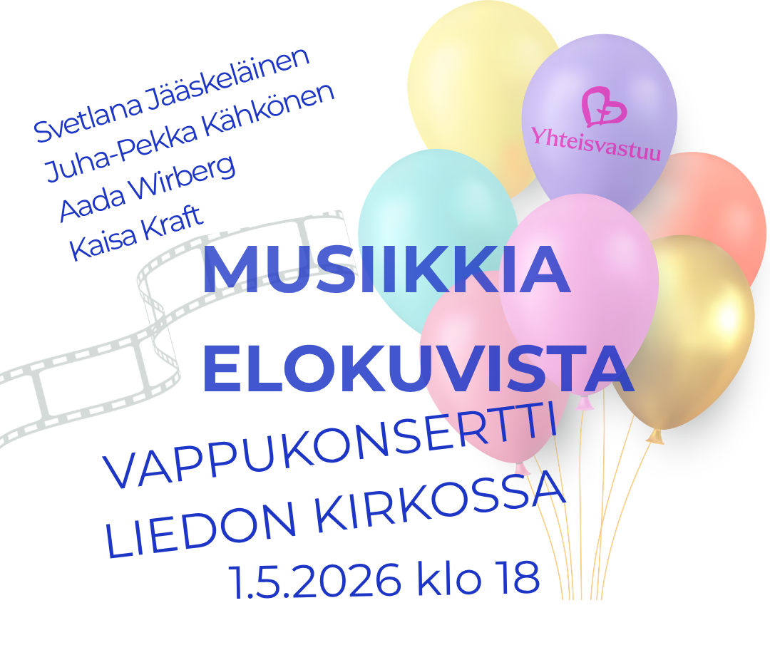 Ilmapalloja, filminauhaa, Yhteisvastuu-teksilogo ja tekstinä esiintyjien nimet ja tapahtumatiedot.