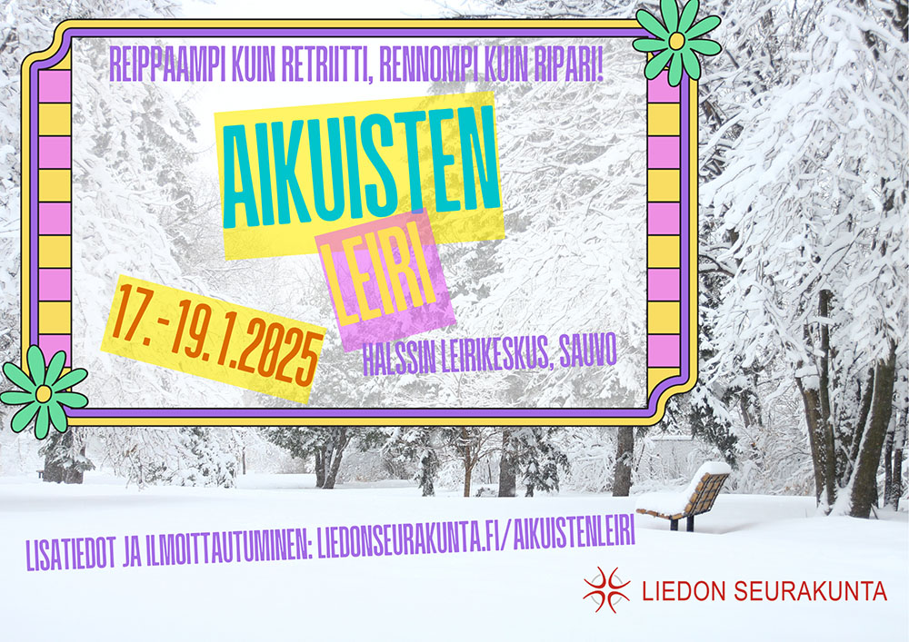 Aikuisten leirin mainos. Talvimaisemakuvassa leirin nimi ja aika ja paikkatiedot.
