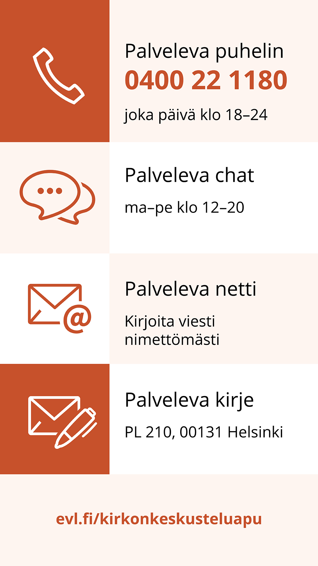 Kirkon keskusteluavun tiedot Palvelevasta puhelimesta, chatista ja netistä, evl.fi/kirkonkeskusteluapu