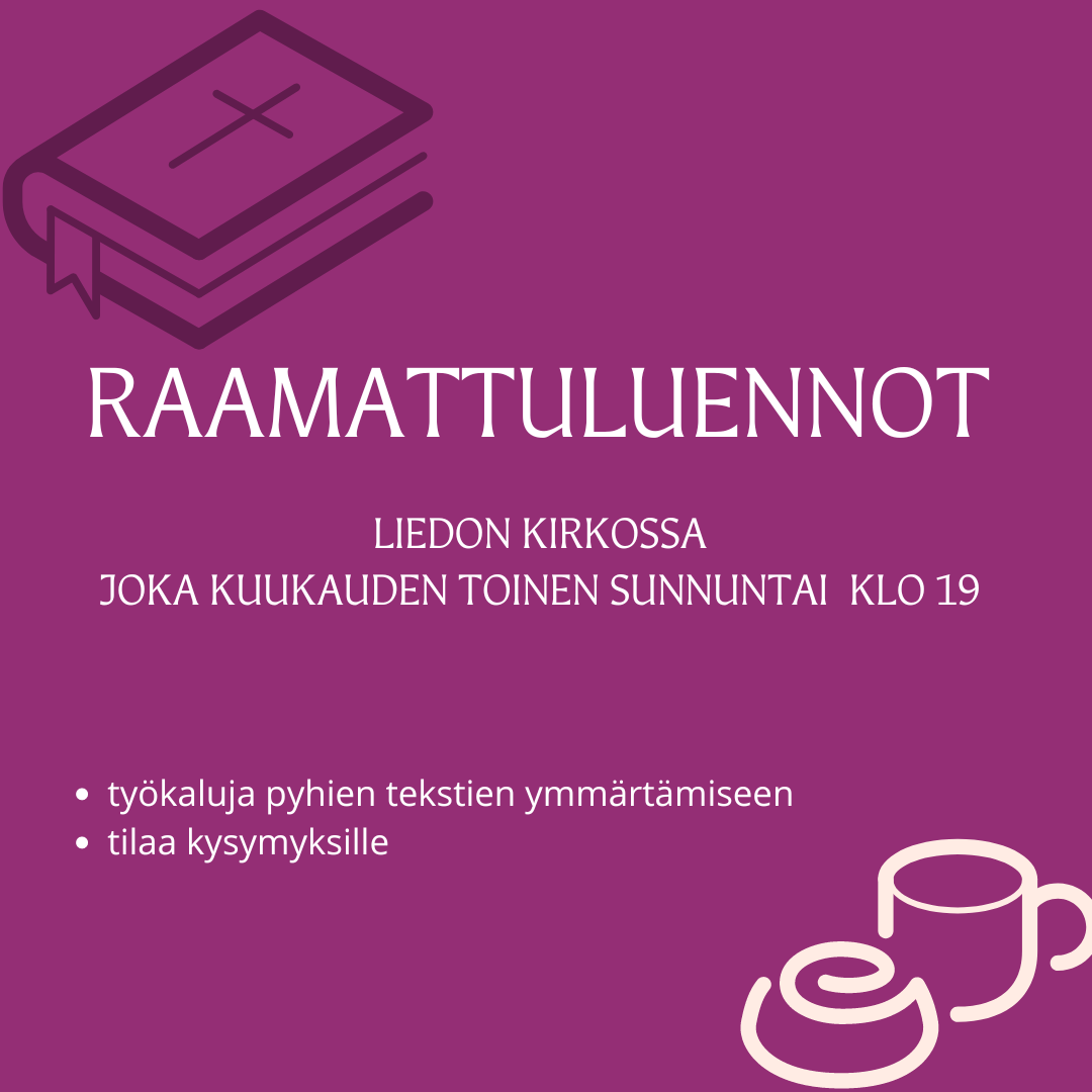 Violetissa someneliössä Piirroskuva raamatusta ja kahvikupista ja pullasta ja tekstinä perustiedot raamattu...