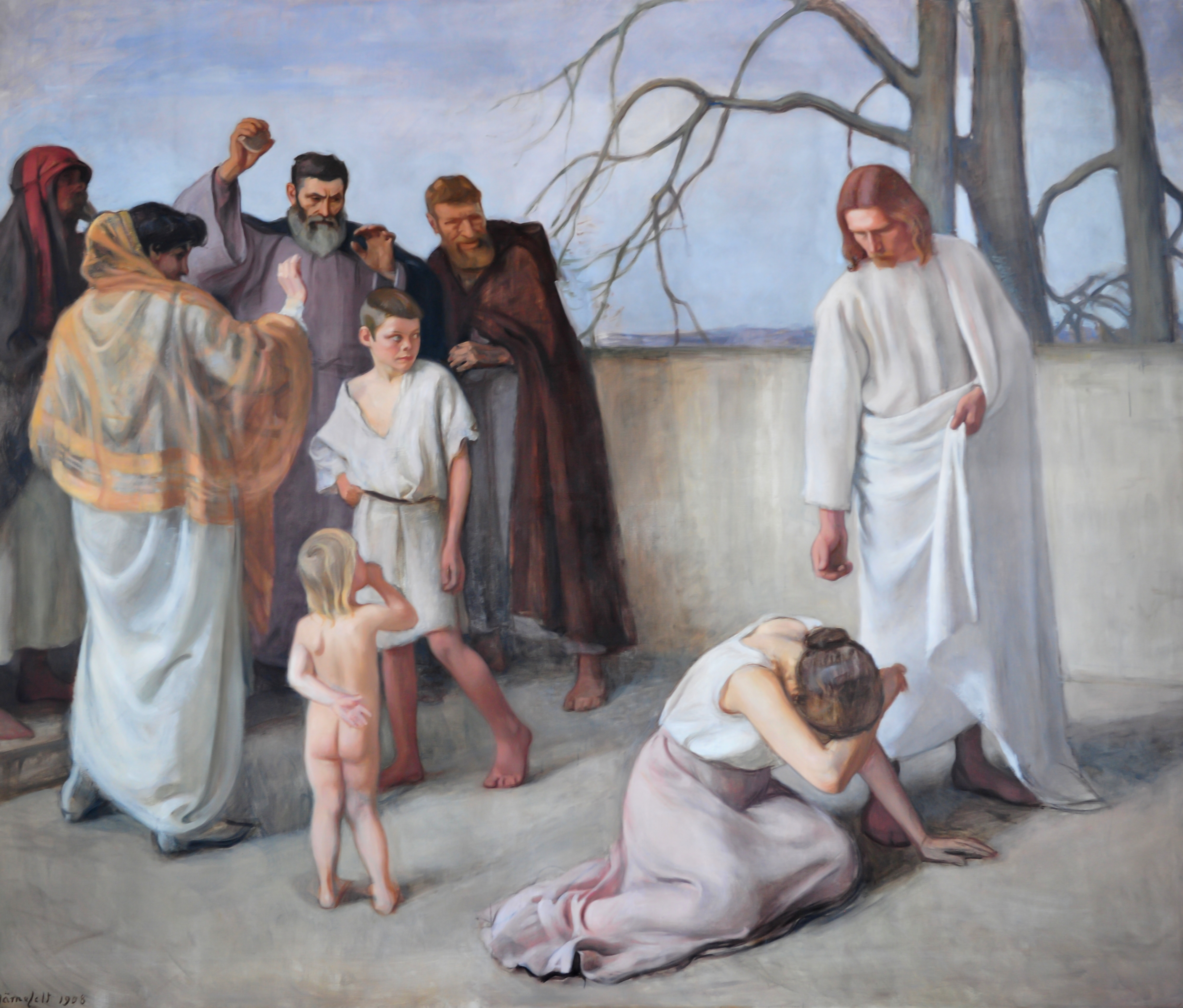 Pastellisävyinen maalaus. Oikealla puolella on Jeesus, joka ojentaa kättään maassa itkevälle naiselle. Vasemmassa laidassa on ihmisryhmä, joka katsoo tapahtumaa. Ryhmässä on mies, joka on valmis heittämään kiven.