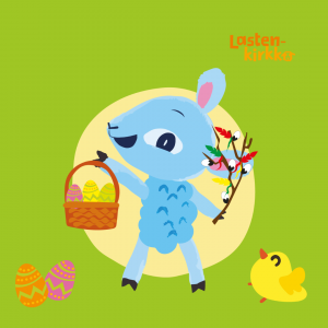 Lastenkirkon pääsiäisen kampanjakuva. Värikkäässä piirroksessa pääsiäismunia, tipuja sekä lammas, jolla virpomisoksa ja munakori.