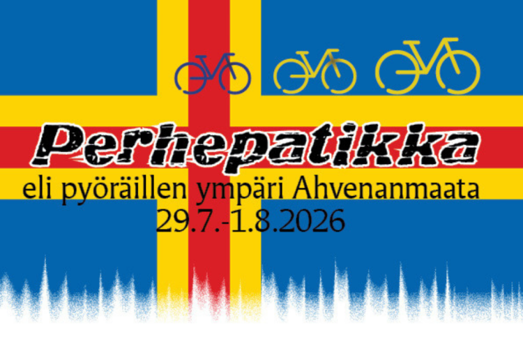 Ahvenanmaan lippu, polkypyöriä ja tekstinä perhepatikka eli pyöräillen ympäri Ahvenanmaata 29.7.-1.8.2026.