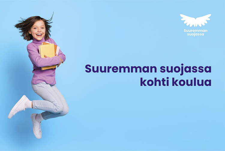 Koulutielle siunaaminen Lapsi kirja kainalossa ja siivet selässä ja tekstinä suuremman suojassa kohti koulua.