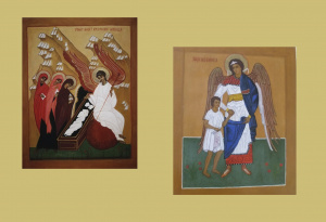 Kaksi ikonia, joiden kuva-aiheina suojelusenkeli sekä naiset Jeesuksen haudalla.