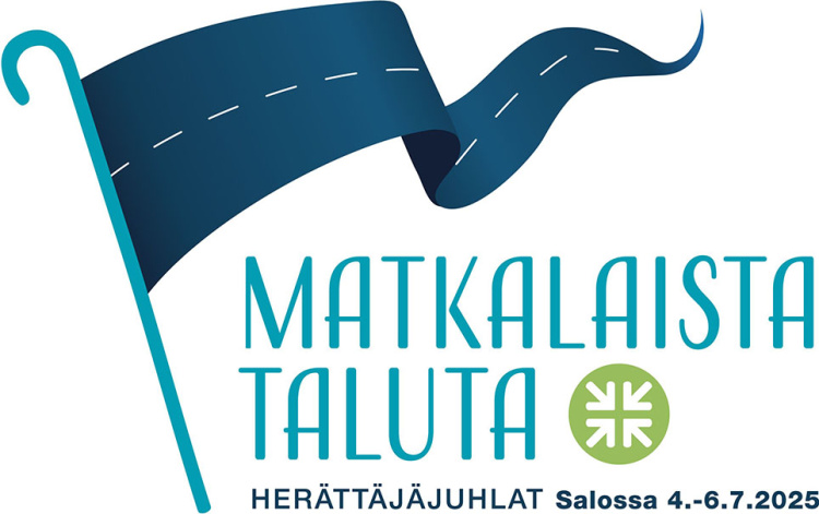 Retki Salon herättäjäjuhlille Herättäjäjuhlien kampanjakuvassa lippu ja teksti matkalaista taluta.