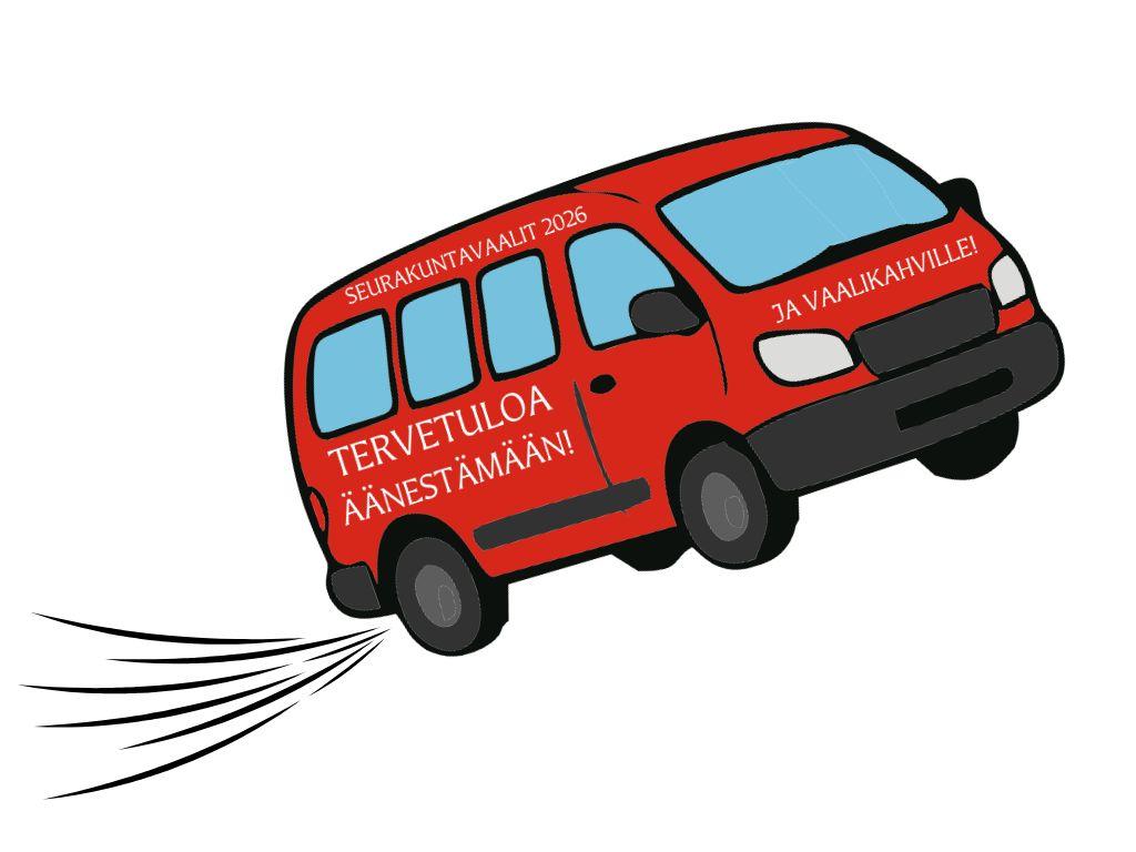 Punainen piirretty pakettiauto, jossa lukee seurakuntavaalit 2026, tervetuloa äänestämään ja vaalikahville.