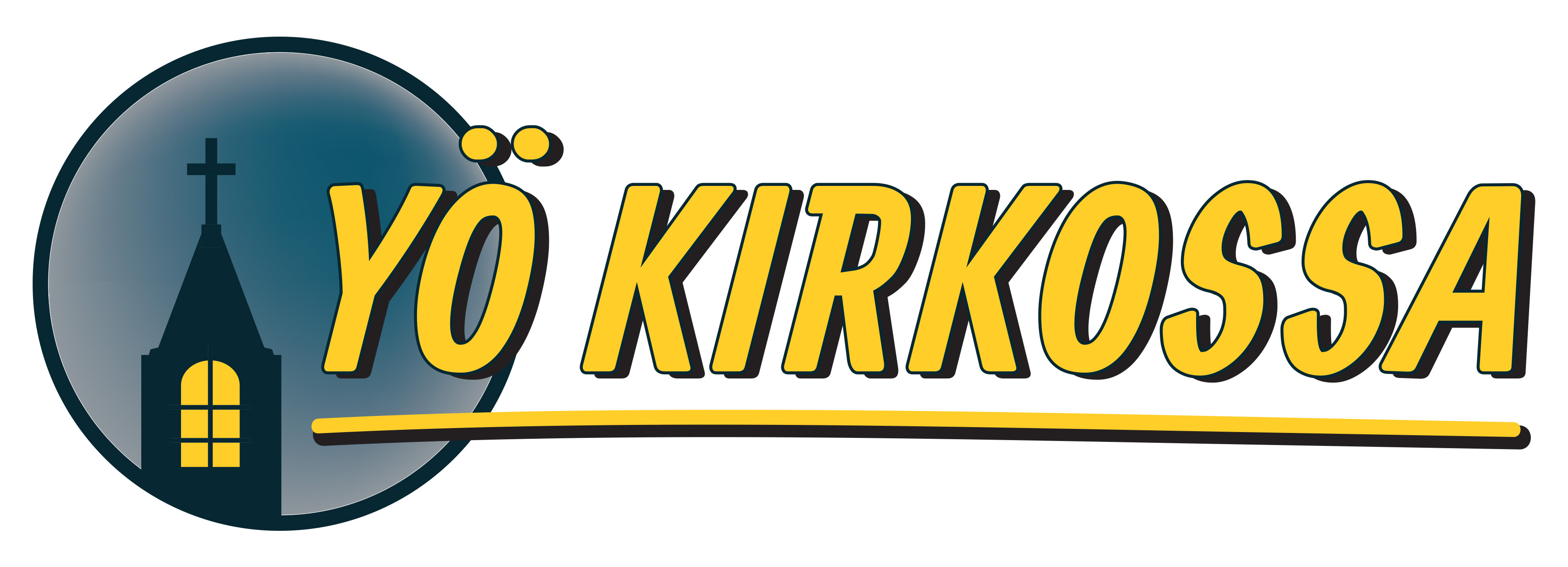 Piirroskuva kirkontornista jossa valo palaa ja tekstissä lukee yö kirkossa.